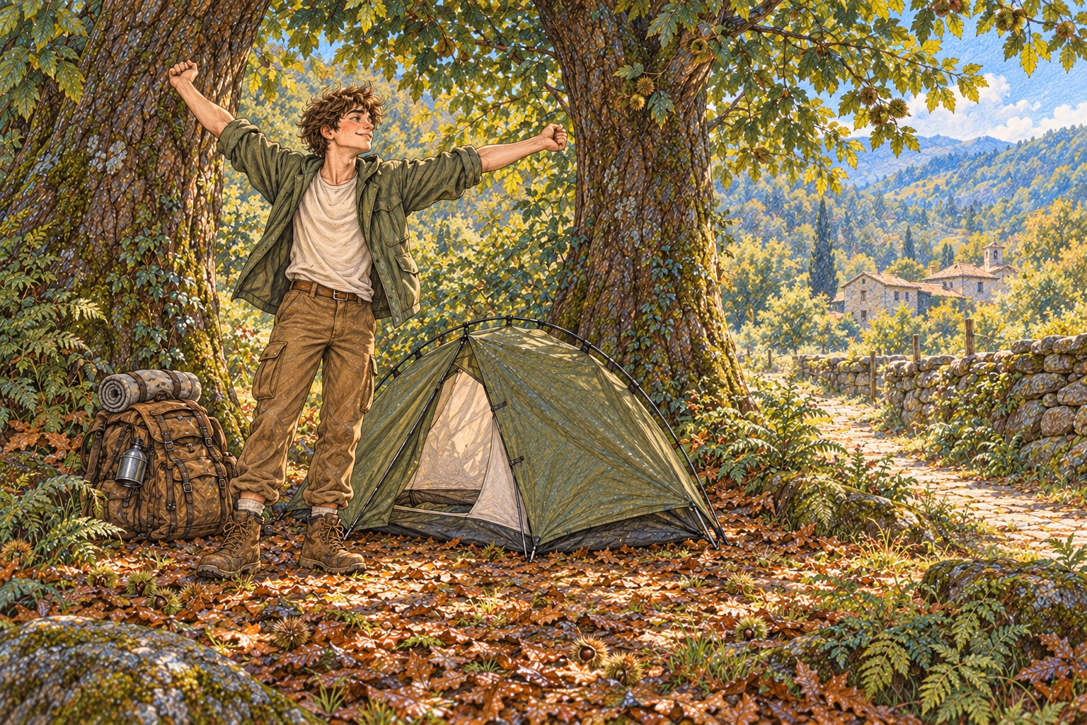 Axel se estira junto a su pequeña tienda y descubre un bosque mucho más corriente a la luz del día.