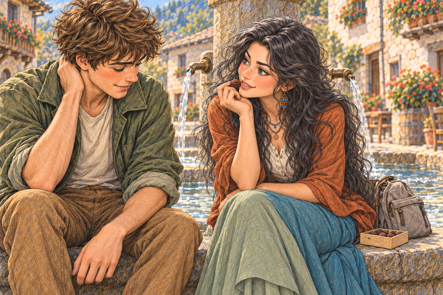 Eva anima a Axel a contarle su historia junto a la fuente.