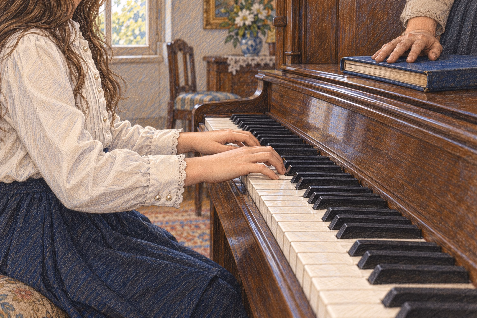 Las manos de Eva de niña sobre las teclas del piano, bajo la supervisión de un adulto.