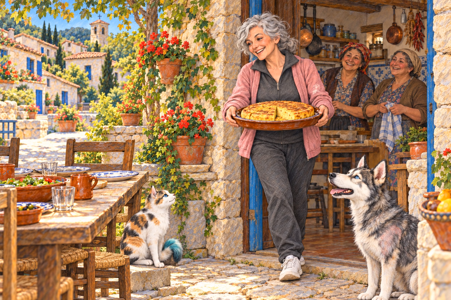 Hortensia sale de una cocina con una fuente de tortilla y dos vecinas detrás.