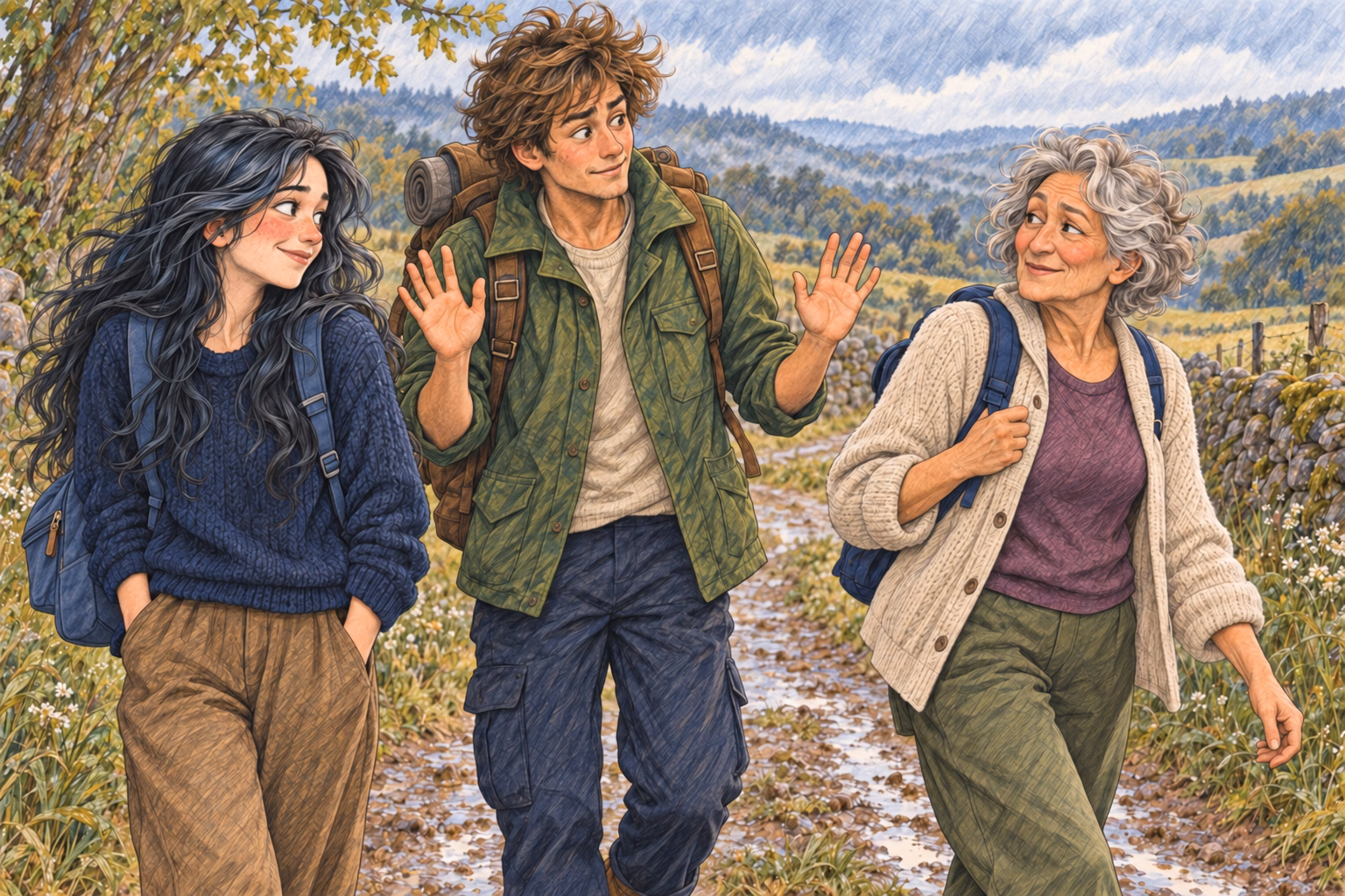 Axel levanta las dos manos mientras Eva contiene la risa ante Hortensia.