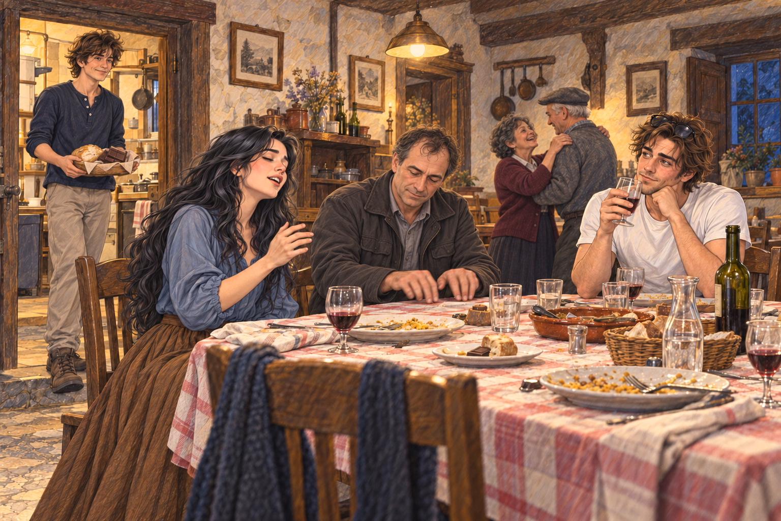 Eva canta nella sala da pranzo mentre il giovane dell’auto ascolta con il bicchiere a mezz’aria.