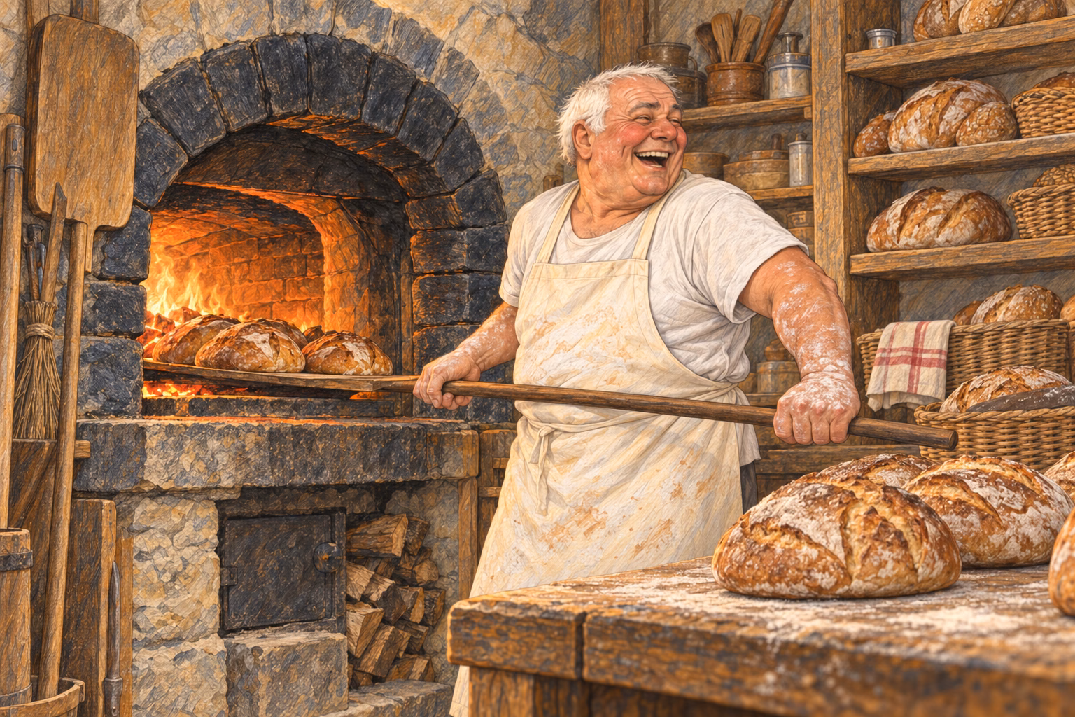 Paco ri junto ao forno, ainda com a pá de pão nas mãos.