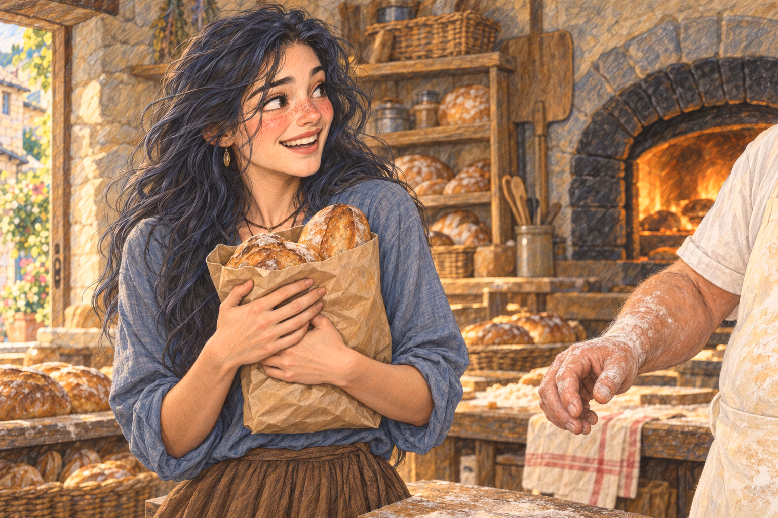 Eva abraça o saco de pão quente com um sorriso aberto.