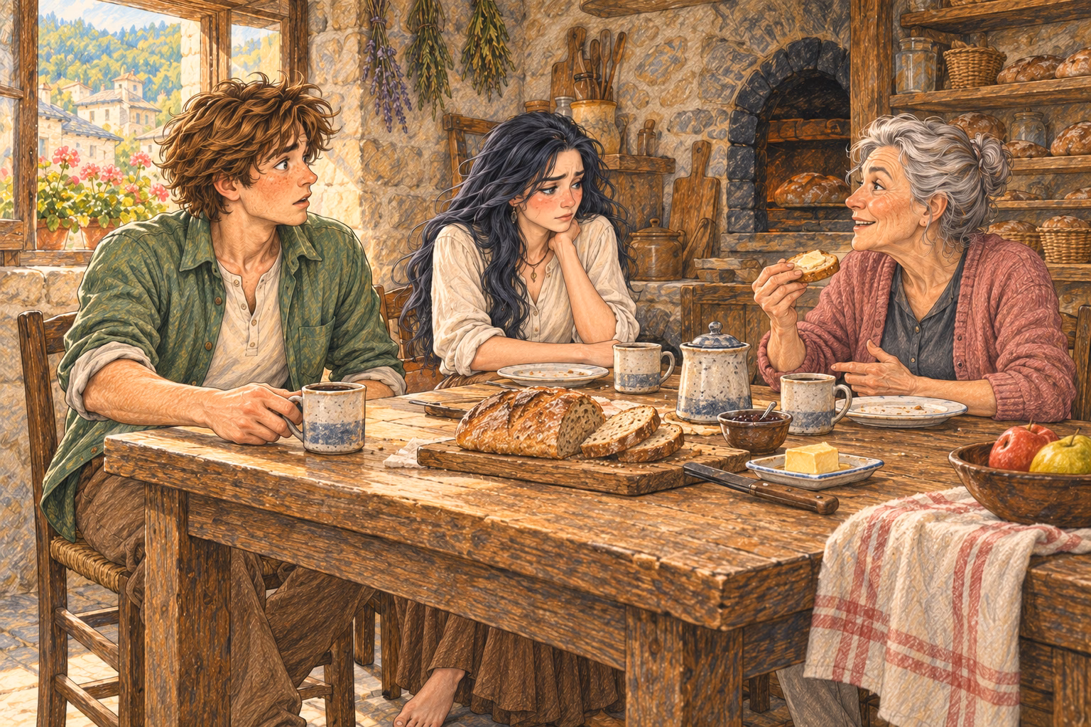 Hortensia fala com uma torrada na mão enquanto Axel e Eva reagem à mesa.
