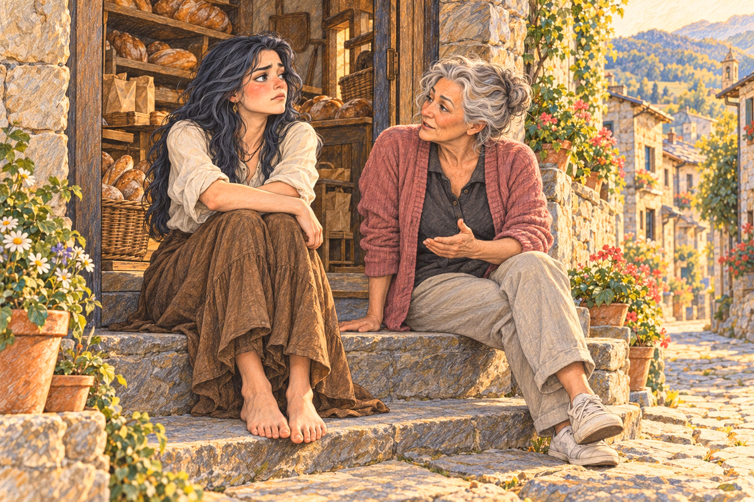Eva e Hortensia conversam sentadas no degrau da padaria.
