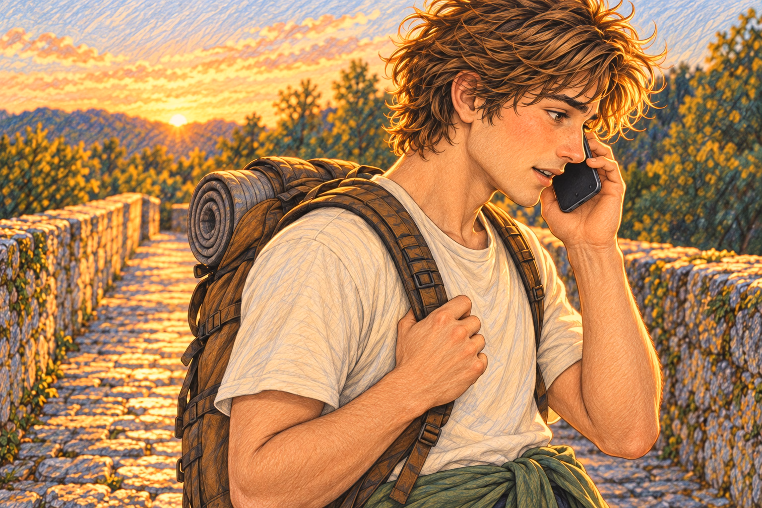 Axel atende o telefone de perfil na ponte, segurando uma alça da mochila.