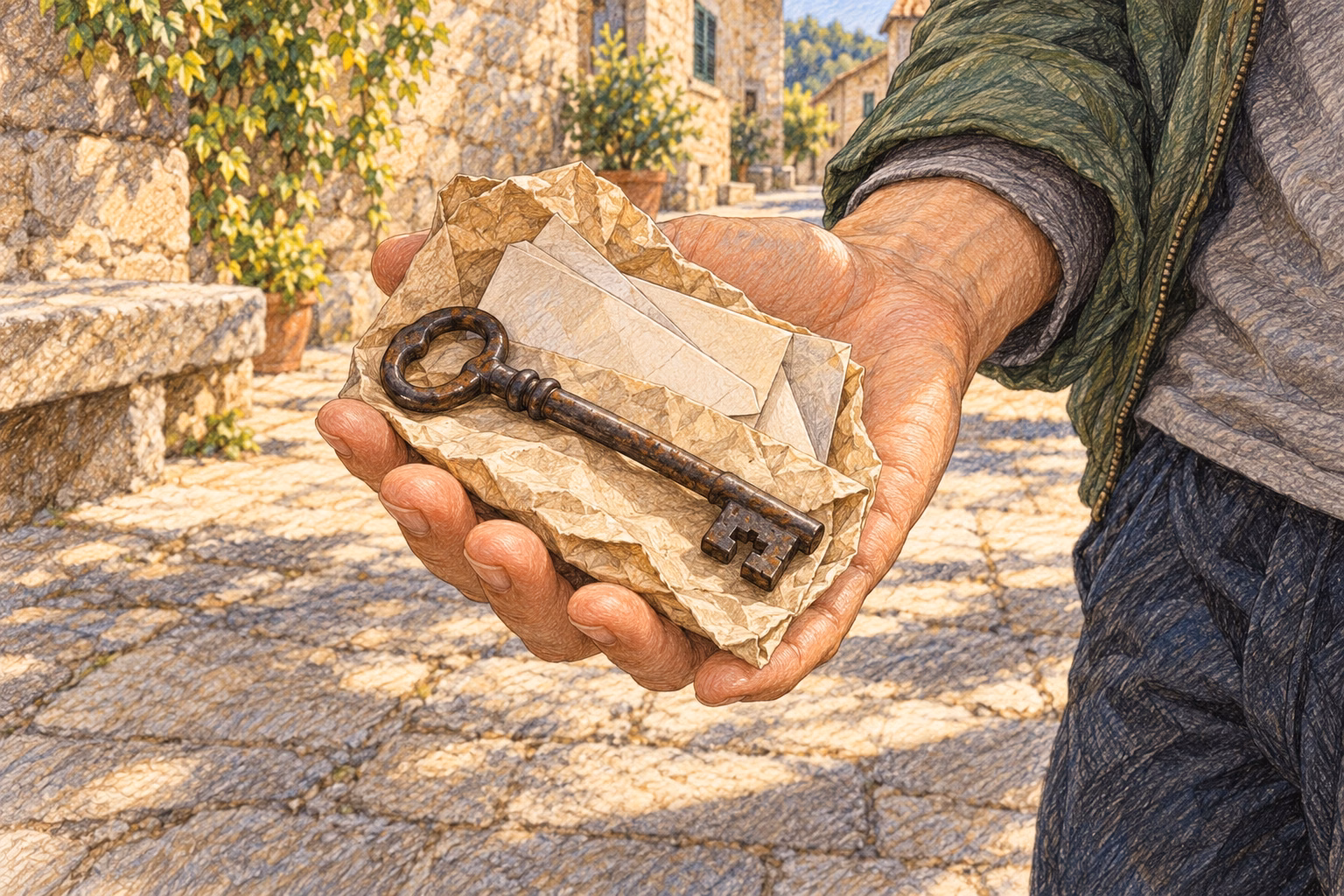 La chiave di ferro e le carte di Hortensia sono sul foglio del sacchetto di farina nella mano di Axel.