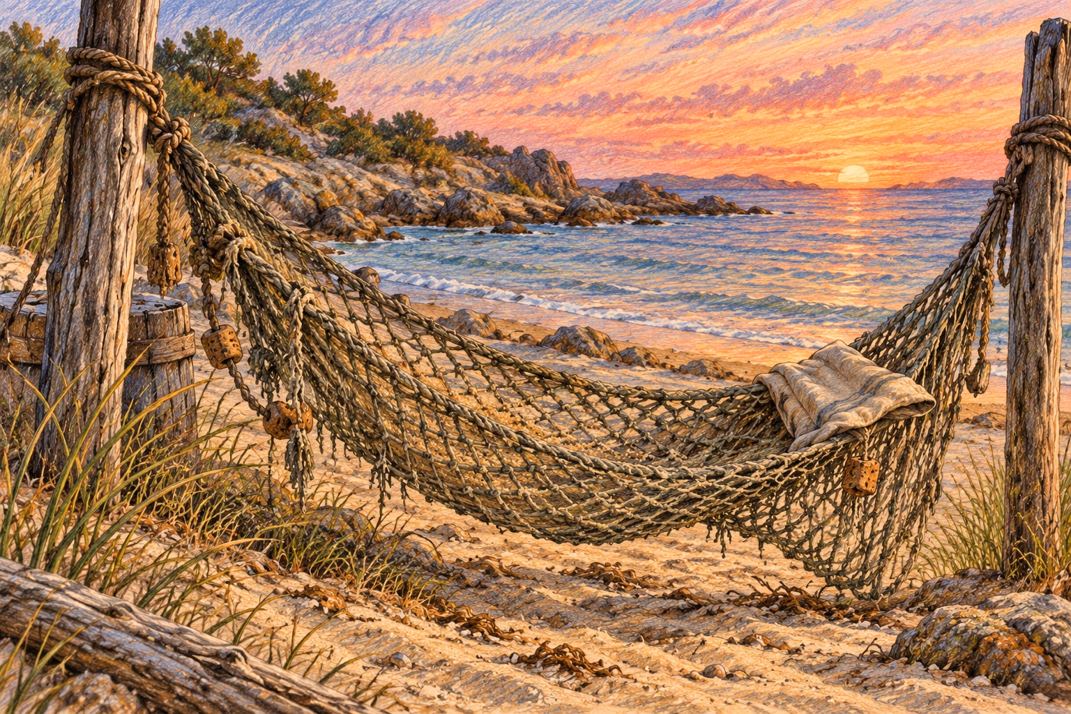 An old fishing net hangs between two posts beside the sand at the camp Eva remembers.