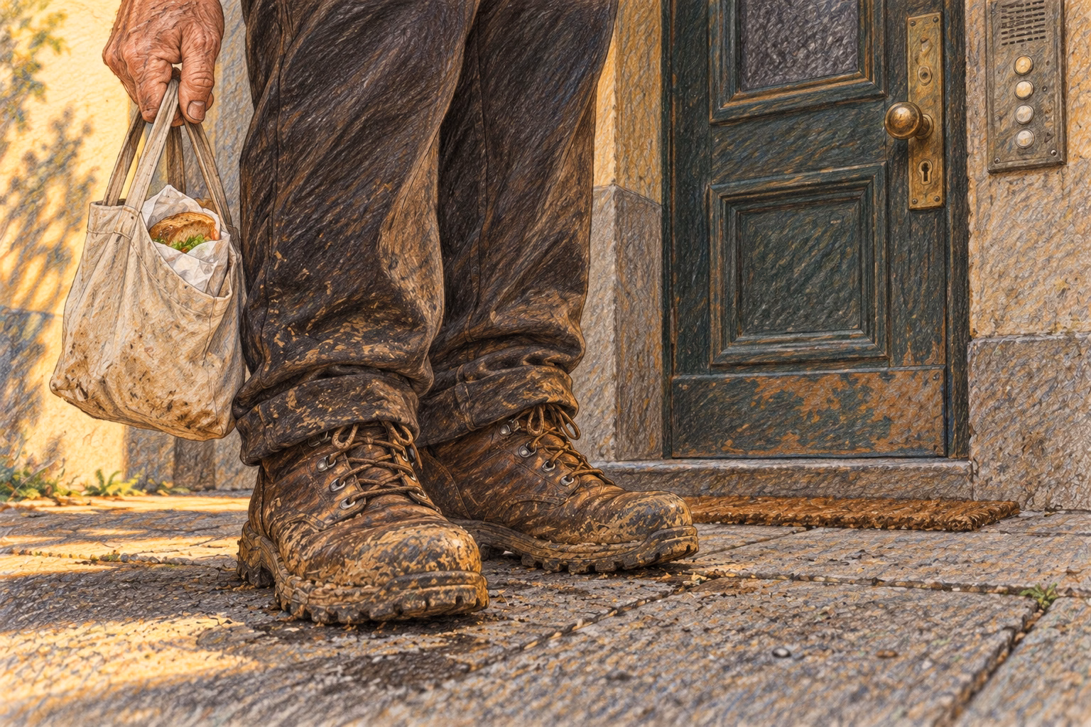 Eva’s grandfather’s muddy boots wait outside the entrance to a building.