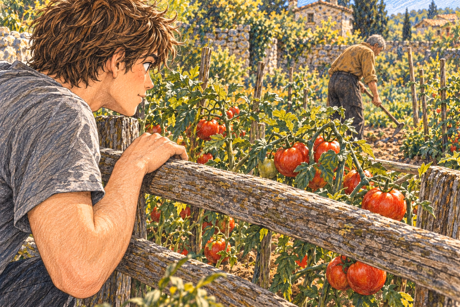 Axel observa os tomates maduros atrás da cerca enquanto o homem trabalha na horta ao fundo.