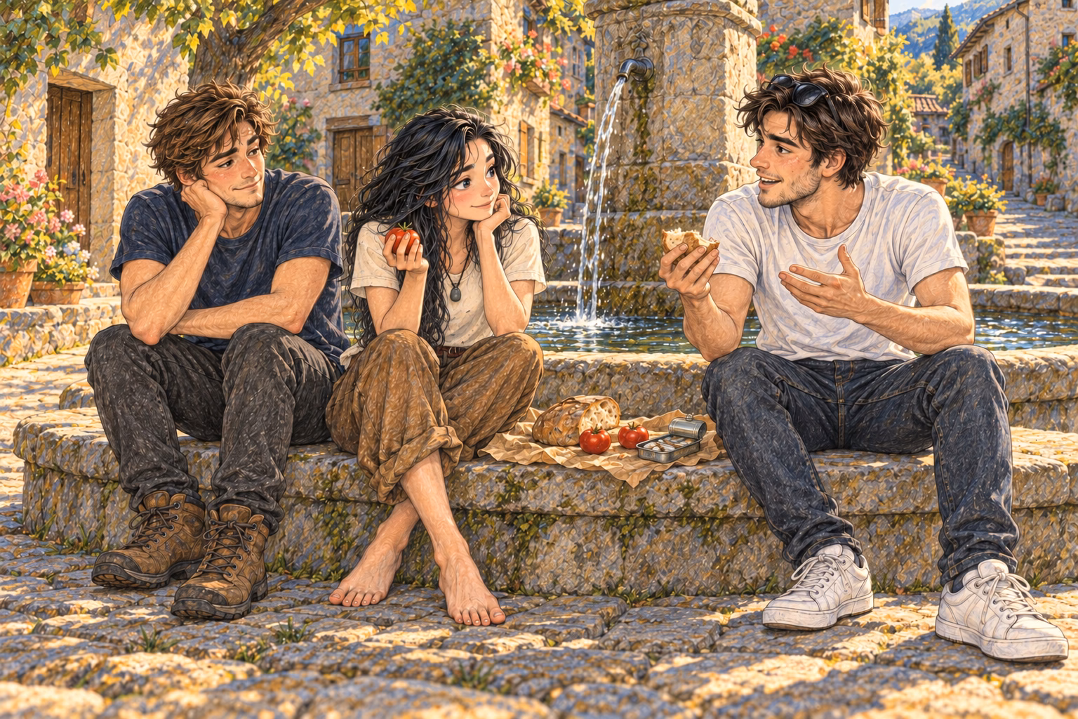 Axel, Eva e Víctor dividem pão, tomates e sardinhas sentados na borda da fonte.