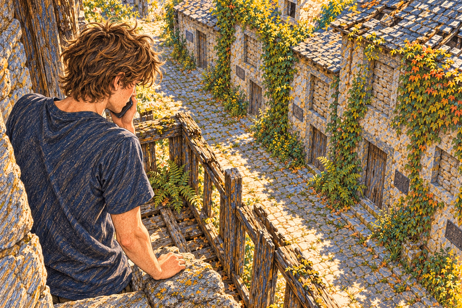 Da varanda, Axel olha para as casas emparedadas enquanto propõe consertar a de Hortensia.