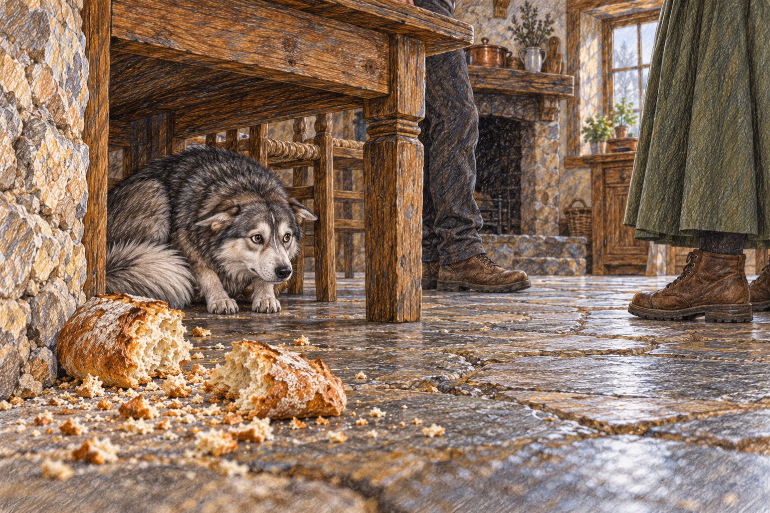 Kika se réfugie sous la table, près du pain brisé contre le mur.