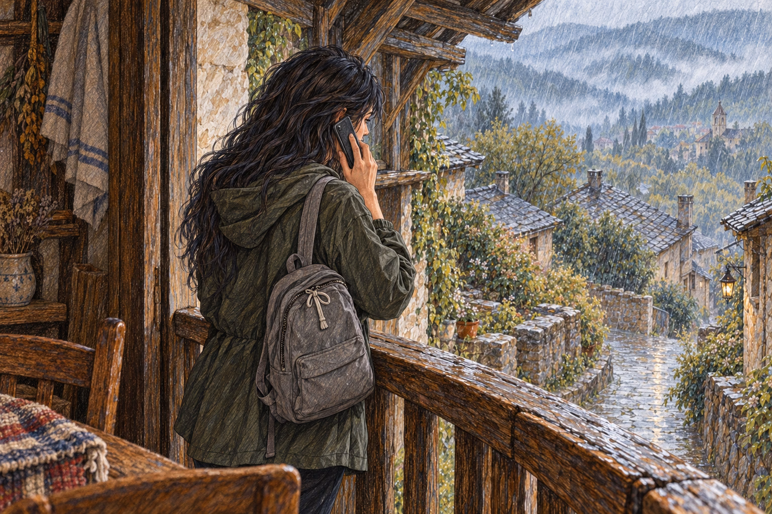 Eva téléphone depuis le balcon sous la pluie, son petit sac sur le dos.