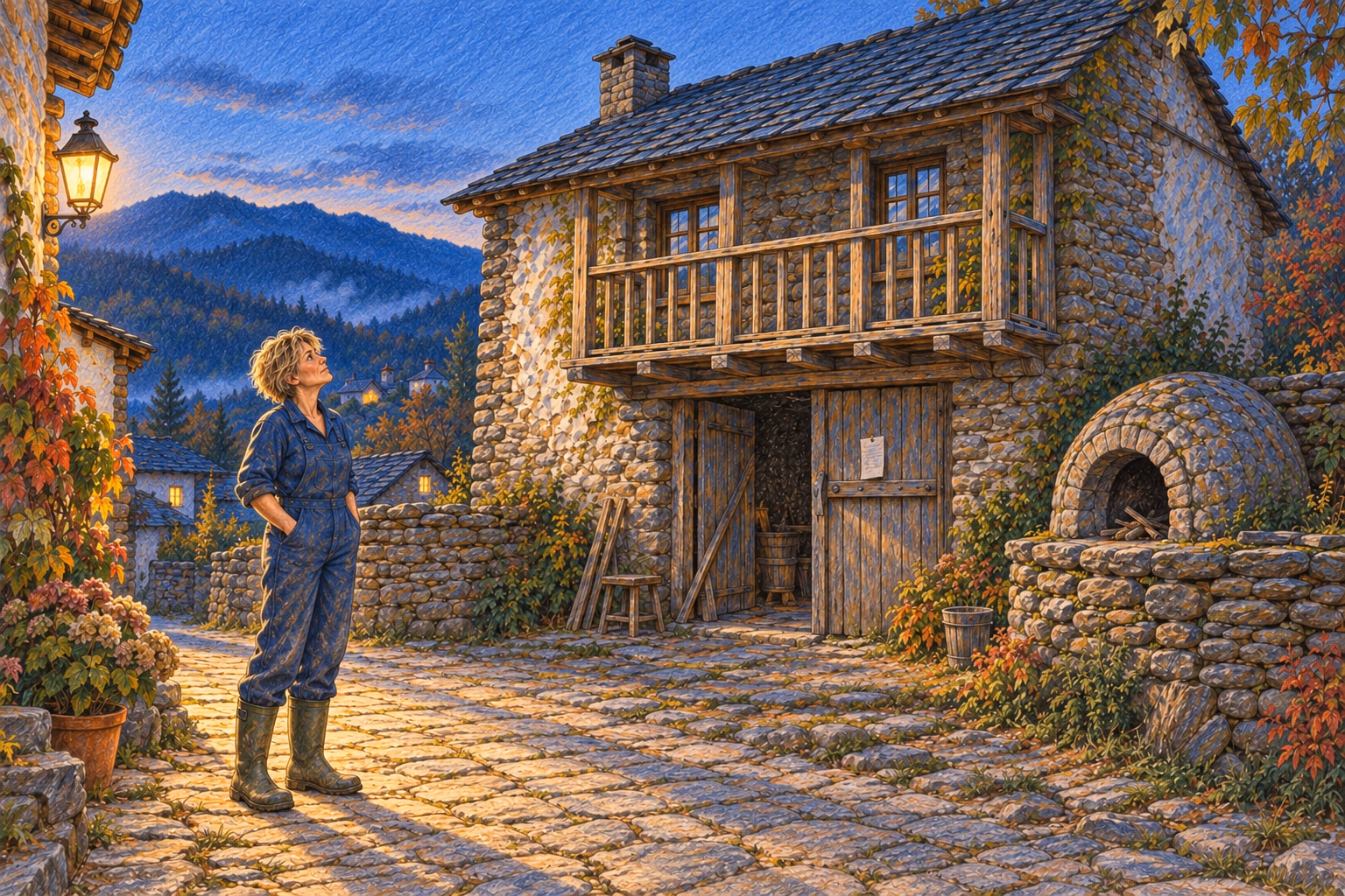 Úrsula contempla el tejado desde la calle, con las manos en los bolsillos del mono.