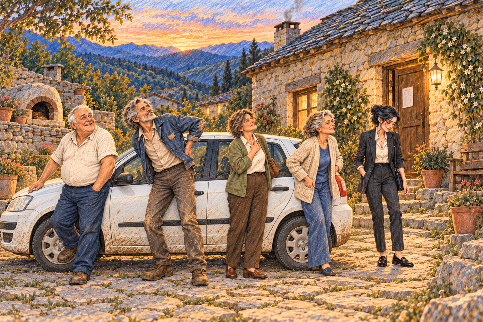Paco, Hortensia, Irene y los padres de Axel salen cansados del coche blanco ante la casa.