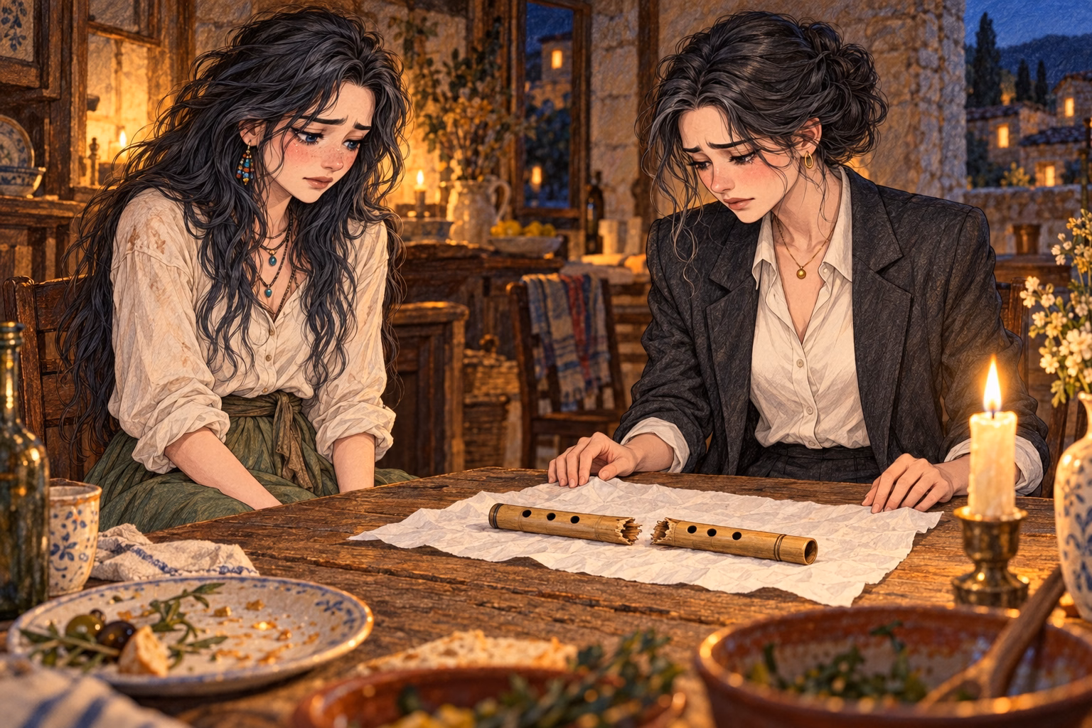 Irene descubre las dos mitades de la flauta sobre un pañuelo de papel; Eva aún no la toca.