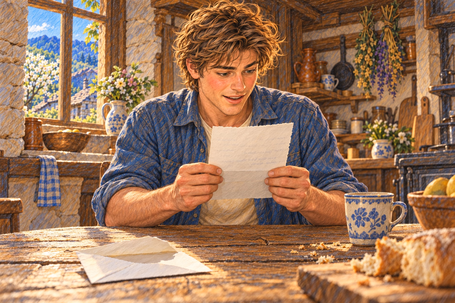 Axel lê a carta de Nardo junto ao envelope aberto sobre a mesa da cozinha.