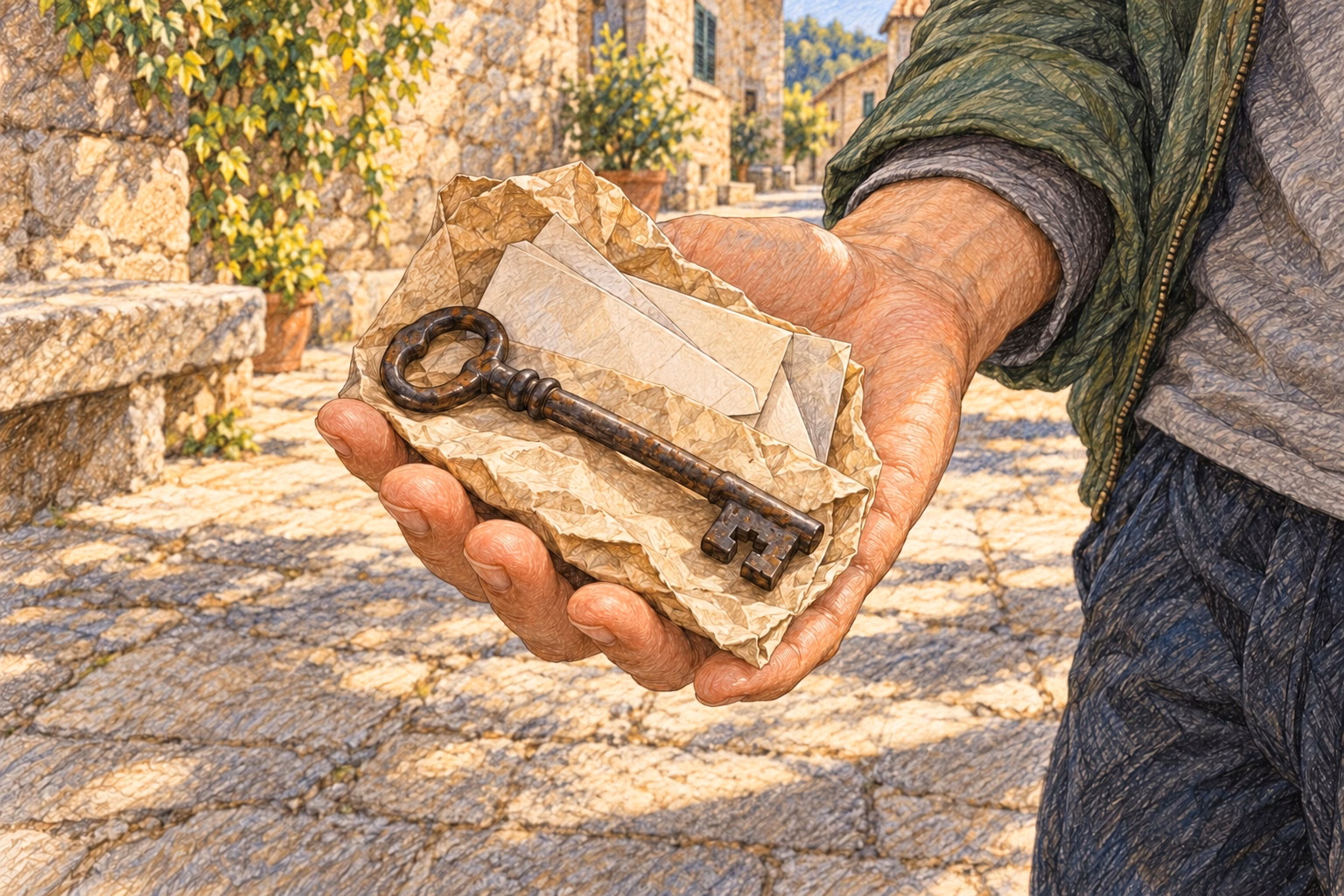 La llave de hierro y los papeles de Hortensia descansan sobre el papel de harina en la mano de Axel.